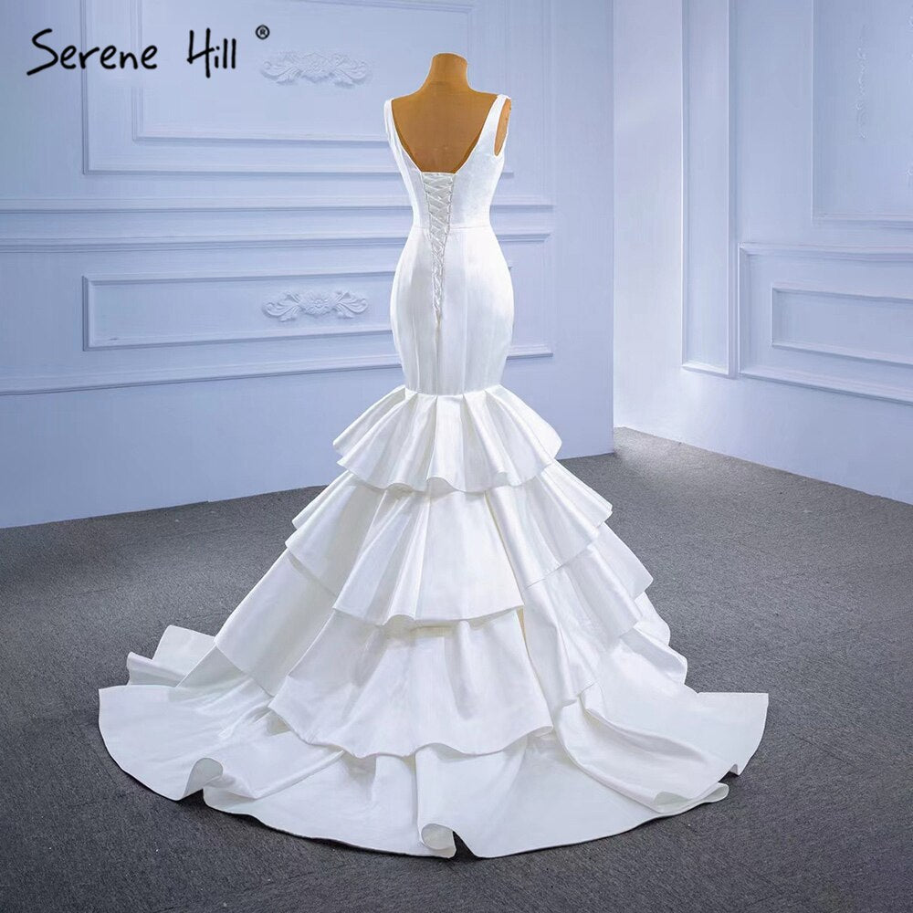 Serene Hill White Satin Mermaid Wedding Dresses 2025 Tiered Elegant Simple Sexy Bride Gowns HM67312 Custom Made - SERENE HILL