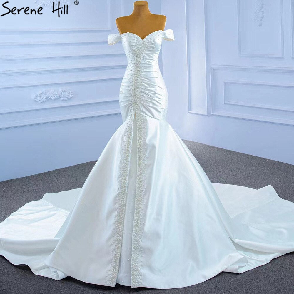 Serene Hill White Satin Mermaid Wedding Dresses Gowns Elegant Pearls Beaded Sexy Bridal Dress 2025 HM67285 - SERENE HILL