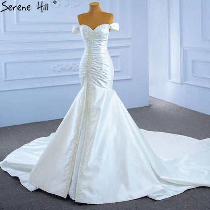 Serene Hill White Satin Mermaid Wedding Dresses Gowns Elegant Pearls Beaded Sexy Bridal Dress 2025 HM67285 - SERENE HILL