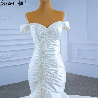Serene Hill White Satin Mermaid Wedding Dresses Gowns Elegant Pearls Beaded Sexy Bridal Dress 2025 HM67285 - SERENE HILL