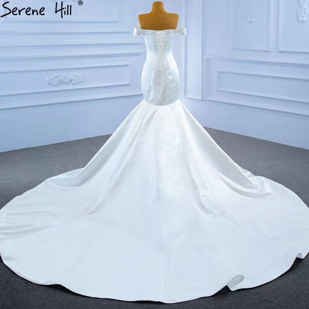 Serene Hill White Satin Mermaid Wedding Dresses Gowns Elegant Pearls Beaded Sexy Bridal Dress 2025 HM67285 - SERENE HILL