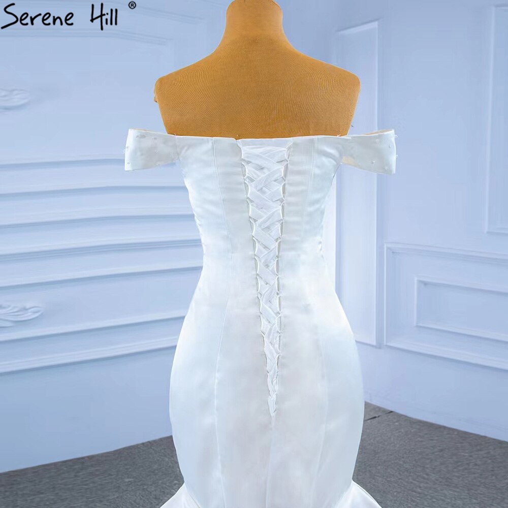 Serene Hill White Satin Mermaid Wedding Dresses Gowns Elegant Pearls Beaded Sexy Bridal Dress 2025 HM67285 - SERENE HILL