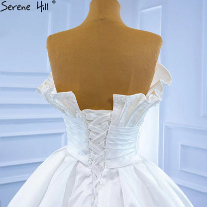 Serene Hill White Satin Sexy Wedding Dresses 2025 High-end Beaded Pearls Bridal Dress HM67267 Cusotm Made - SERENE HILL