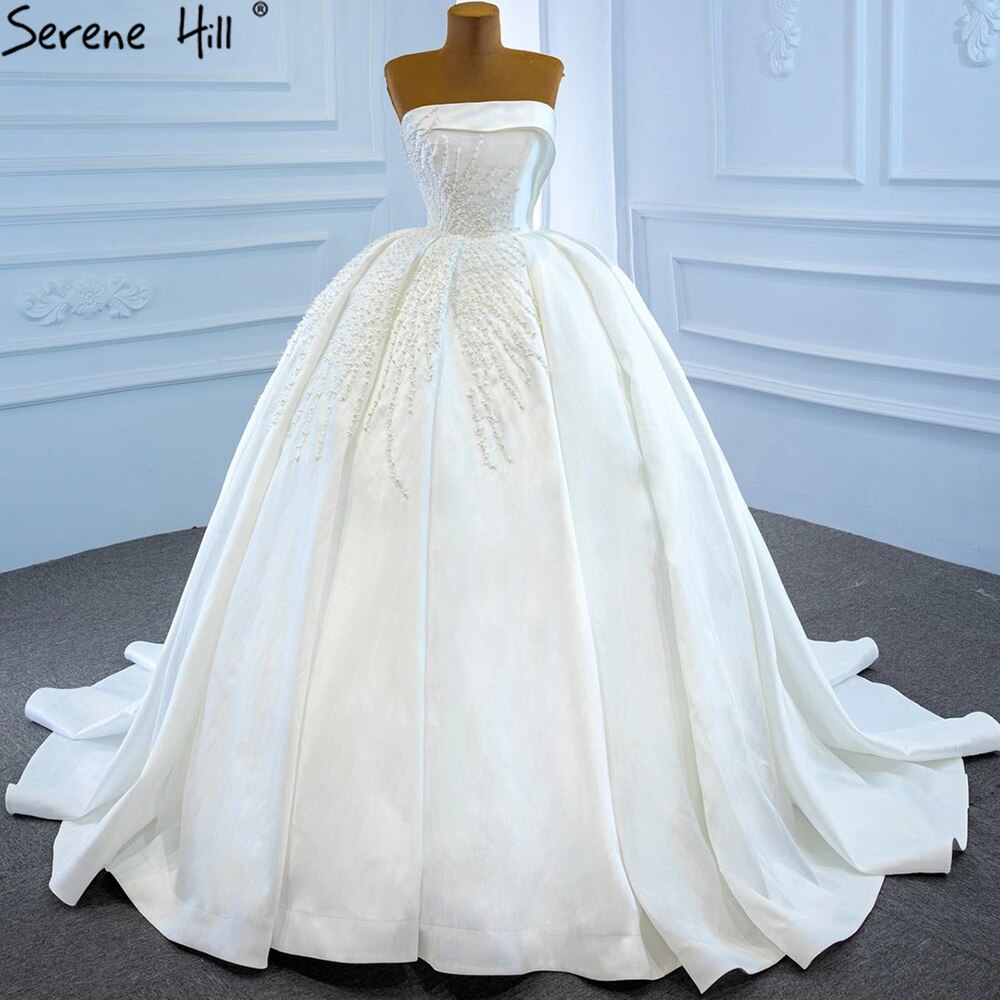 Serene Hill White Satin Wedding Dresses Gowns Luxury Beading Pearls Sexy Bridal Dress 2025 HM67214 Custom Made - SERENE HILL