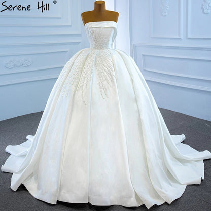 Serene Hill White Satin Wedding Dresses Gowns Luxury Beading Pearls Sexy Bridal Dress 2025 HM67214 Custom Made - SERENE HILL