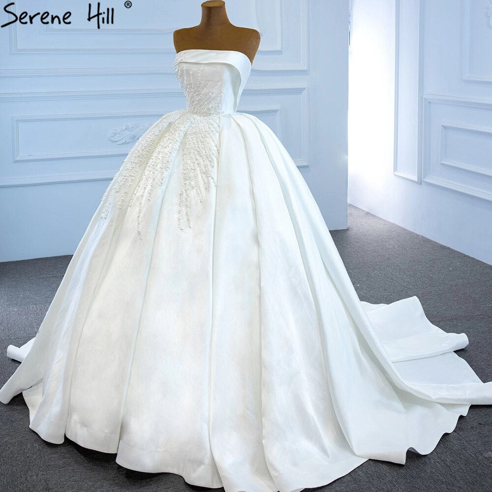 Serene Hill White Satin Wedding Dresses Gowns Luxury Beading Pearls Sexy Bridal Dress 2025 HM67214 Custom Made - SERENE HILL