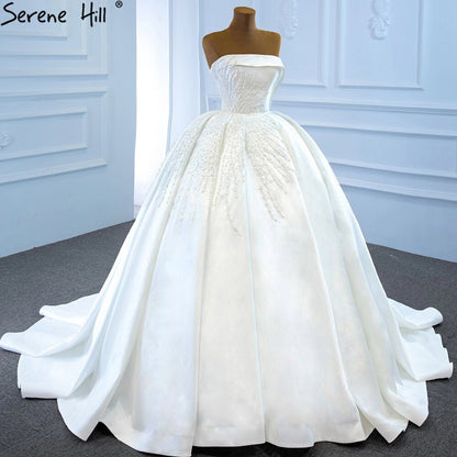 Serene Hill White Satin Wedding Dresses Gowns Luxury Beading Pearls Sexy Bridal Dress 2025 HM67214 Custom Made - SERENE HILL