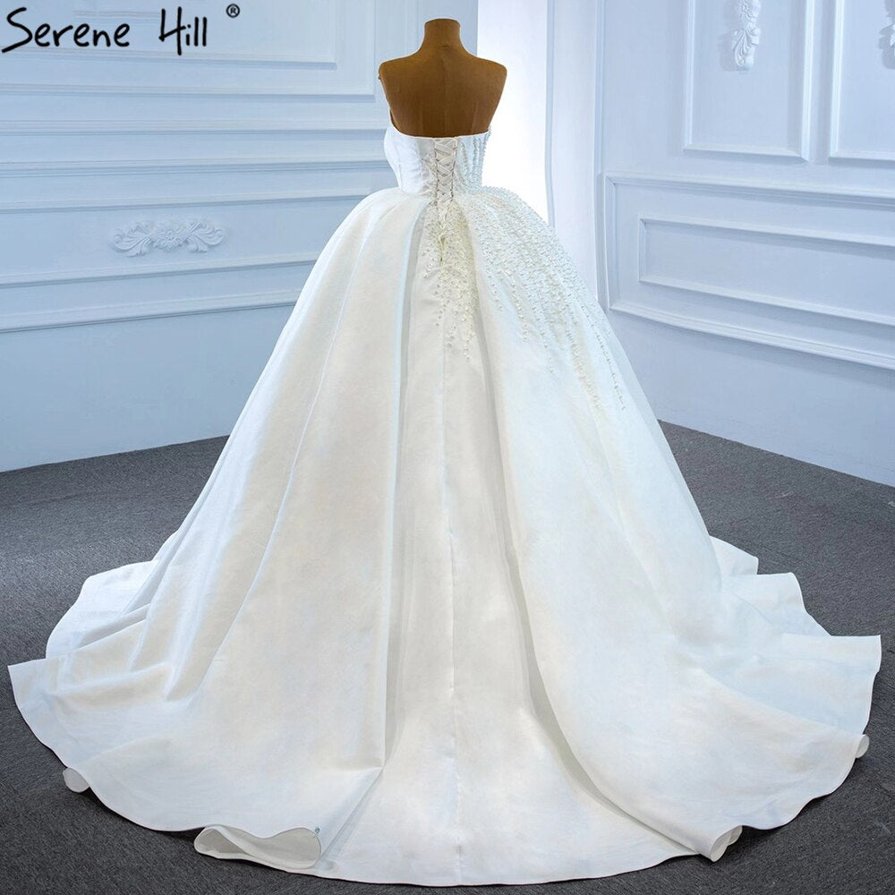 Serene Hill White Satin Wedding Dresses Gowns Luxury Beading Pearls Sexy Bridal Dress 2025 HM67214 Custom Made - SERENE HILL