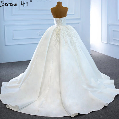 Serene Hill White Satin Wedding Dresses Gowns Luxury Beading Pearls Sexy Bridal Dress 2025 HM67214 Custom Made - SERENE HILL