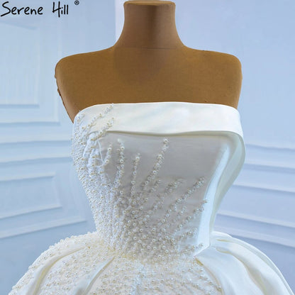 Serene Hill White Satin Wedding Dresses Gowns Luxury Beading Pearls Sexy Bridal Dress 2025 HM67214 Custom Made - SERENE HILL