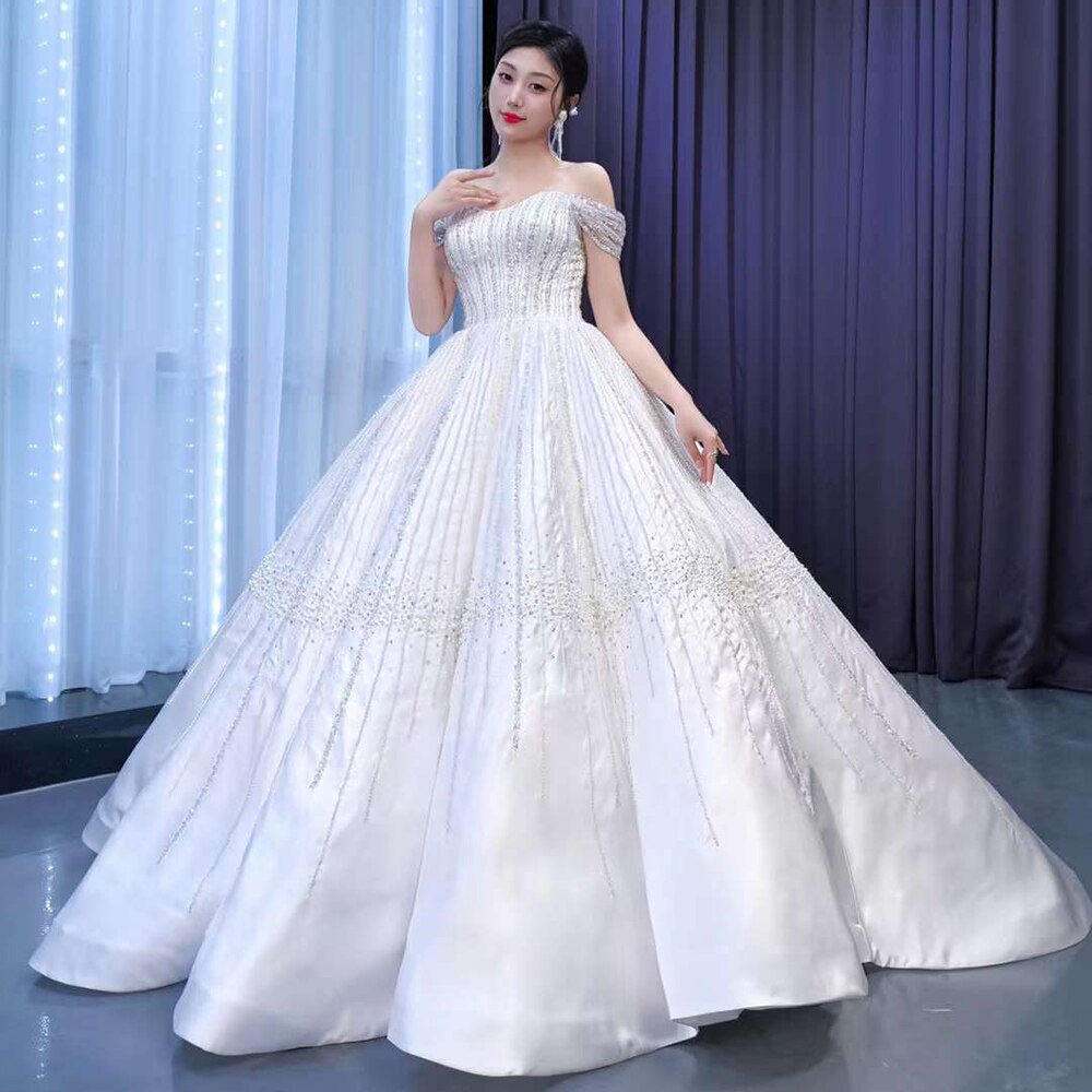 Serene Hill White Sexy Off Shoulder Lace Up Luxury Beaded Bride Gowns Wedding Dress 2025 High End Custom Made HM67478 - SERENE HILL