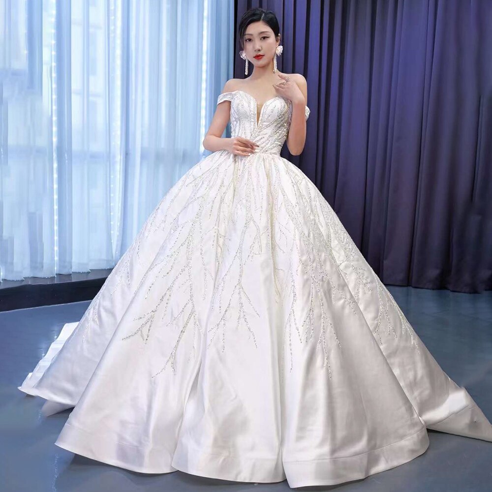 Serene Hill White Sexy Off Shoulder Luxury Beaded Lace Up Bride Gowns Wedding Dress 2025 High End Custom Made HM67481 - SERENE HILL