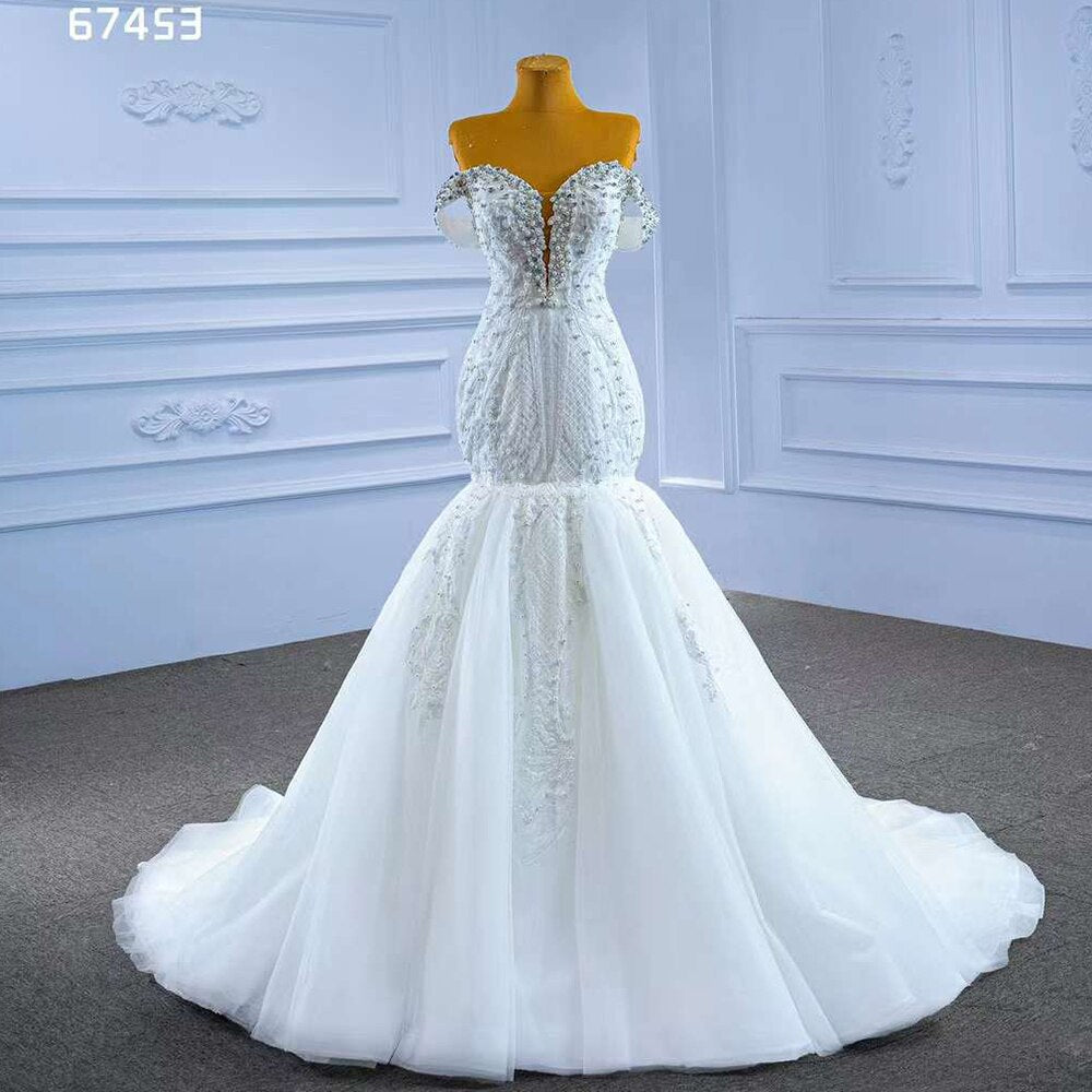 Serene Hill White Sexy V Neck Detachable Train Mermaid Lace Beaded Bride Gowns Wedding Dress 2025 High End Custom Made HM67453 - SERENE HILL
