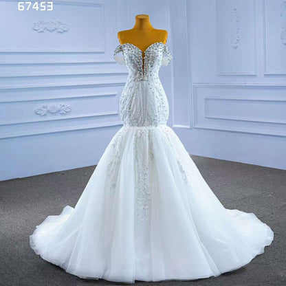 Serene Hill White Sexy V Neck Detachable Train Mermaid Lace Beaded Bride Gowns Wedding Dress 2025 High End Custom Made HM67453 - SERENE HILL
