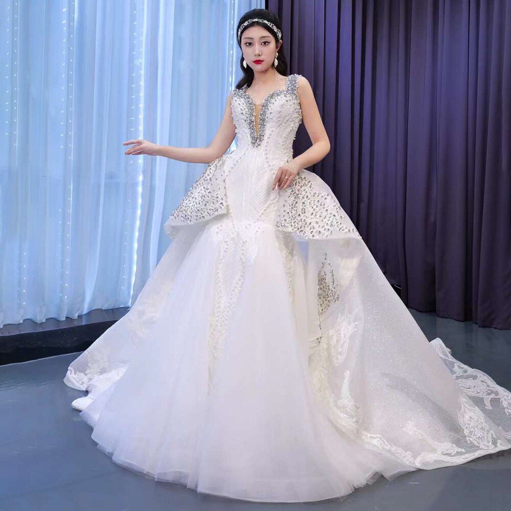 Serene Hill White Sexy V Neck Detachable Train Mermaid Lace Beaded Bride Gowns Wedding Dress 2025 High End Custom Made HM67453 White / 8 / 100cm