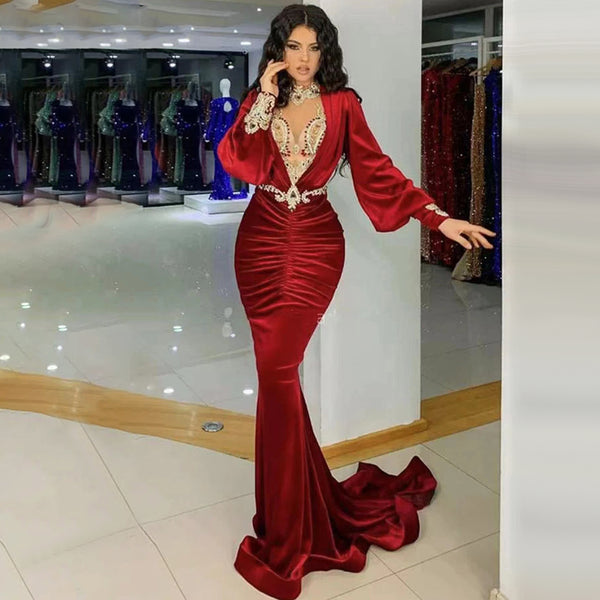 Serene Hill Wijn Rood Satijn Mermaid Avond Jurken 2025 Luxe Kralen Elegante Voor Vrouwen Party LA71555