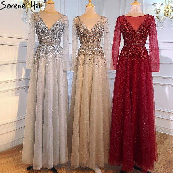 Serene Hill Wine Red A-Line Evening Dresses 2025 Dubai Beading Long Sleeves Sexy Formal Dress Design LA70734