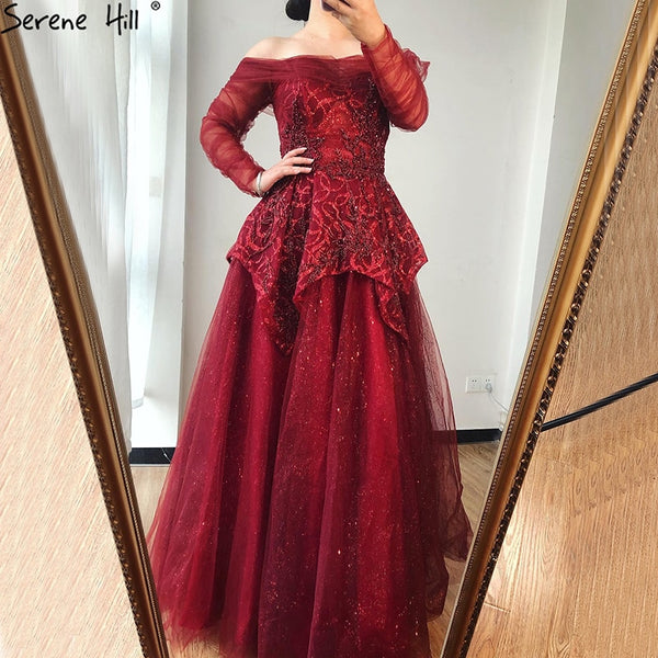 On Sale no return no refundSale Serene Hill Wine Red A-Line Evening Dresses 2025 Dubai Beading Long Sleeves Formal Dress Design LA70692