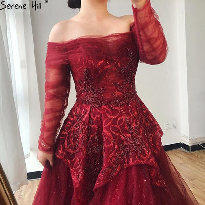 On Sale no return no refundSale Serene Hill Wine Red A-Line Evening Dresses 2025 Dubai Beading Long Sleeves Formal Dress Design LA70692 - SERENE HILL