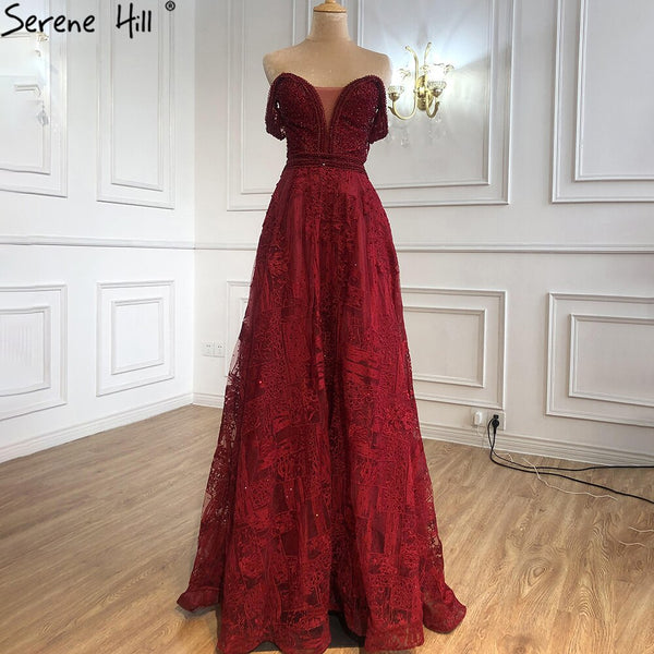 Serene Hill Wine Red A-Line Luxury Evening Dresses Gowns 2025 Crystal Sweetheart Sexy For Women Party LA71025