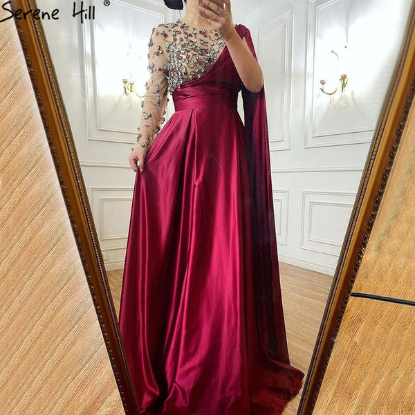 Serene Hill Wine Red A-Line Luxury Evening Dresses Gowns 2025 One Shoulder Diamonds Satin For Woman Party LA70923