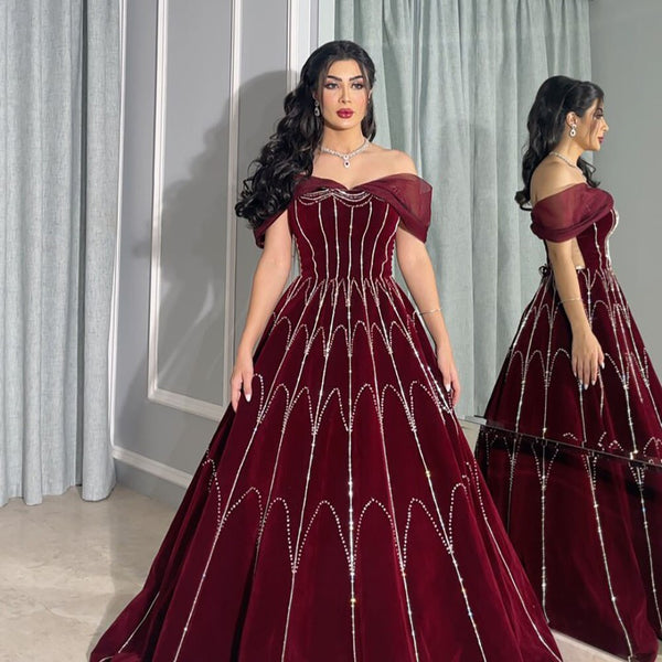 Serene Hill Wine Red A Line Sleeveless Boat Neck Beaded Luxury Geometry Pattern Evening Dresses Gowns For Women Party LA71790