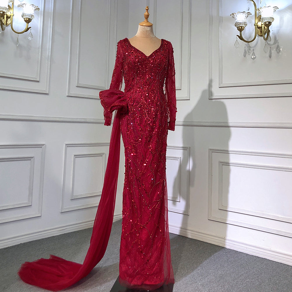 Serene Hill Wine Red Elegant Mermaid Evening Dresses Gowns 2025 Luxury Beaded Overskirt For Women Party LA71642 - SERENE HILL