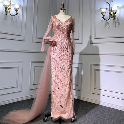 Serene Hill Wine Red Elegant Mermaid Evening Dresses Gowns 2025 Luxury Beaded Overskirt For Women Party LA71642 - SERENE HILL