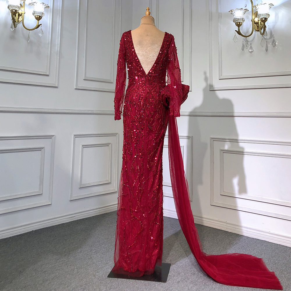 Serene Hill Wine Red Elegant Mermaid Evening Dresses Gowns 2025 Luxury Beaded Overskirt For Women Party LA71642 - SERENE HILL