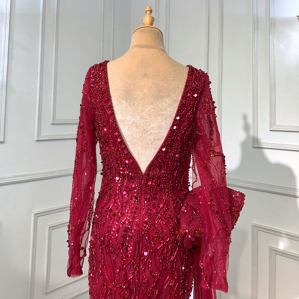 Serene Hill Wine Red Elegant Mermaid Evening Dresses Gowns 2025 Luxury Beaded Overskirt For Women Party LA71642 - SERENE HILL