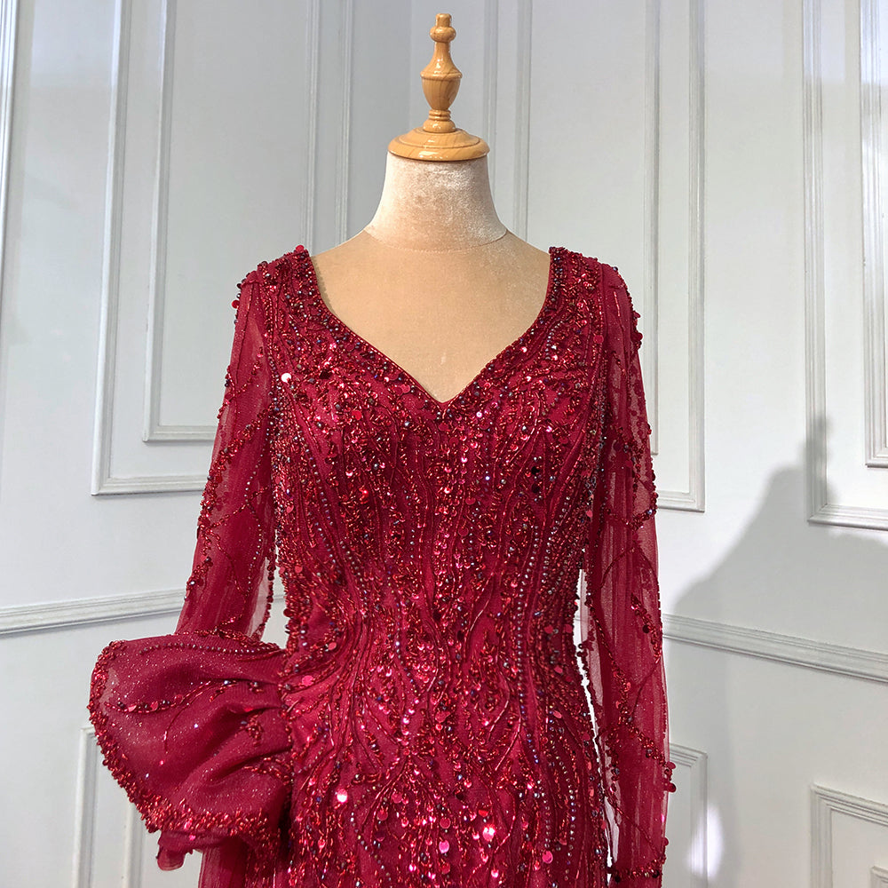 Serene Hill Wine Red Elegant Mermaid Evening Dresses Gowns 2025 Luxury Beaded Overskirt For Women Party LA71642 - SERENE HILL