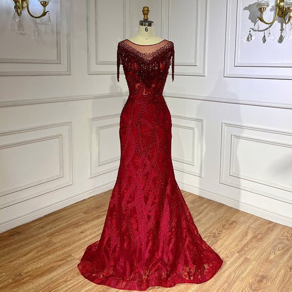 Serene Hill Wine Red Elegant Mermaid Lace Beaded Tassel Arabic Luxury Evening Dresses Gowns 2025 For Women Wedding Party LA71834