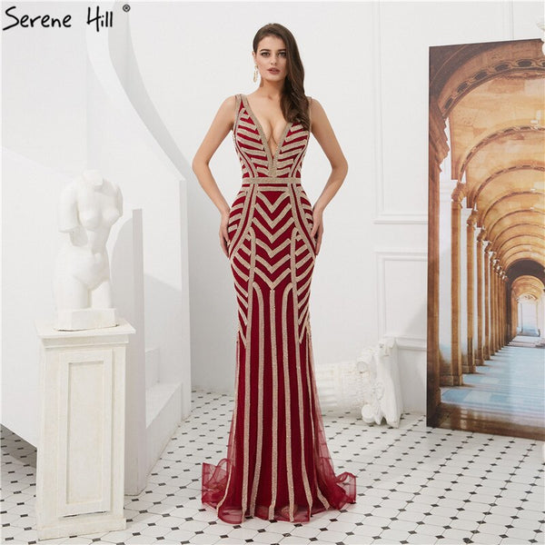 On Sale No Return No Refund Sale Serene Hill Wine Red Full Diamond Evening Dresses Gowns 2025 Luxury Mermaid Sexy Elegant For Women Party LA6212