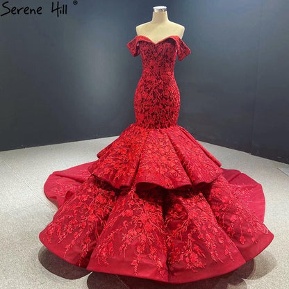 Serene Hill Wine Red Handmade Flowers Mermaid Wedding Dresses 2025 Off Shoulder Elegant Bride Gowns HA2462 Custom Made - SERENE HILL