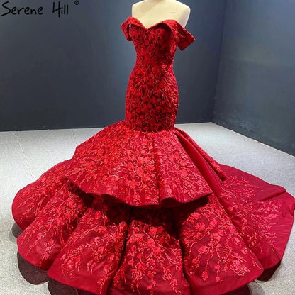 Serene Hill Wine Red Handmade Flowers Mermaid Wedding Dresses 2025 Off Shoulder Elegant Bride Gowns HA2462 Custom Made - SERENE HILL