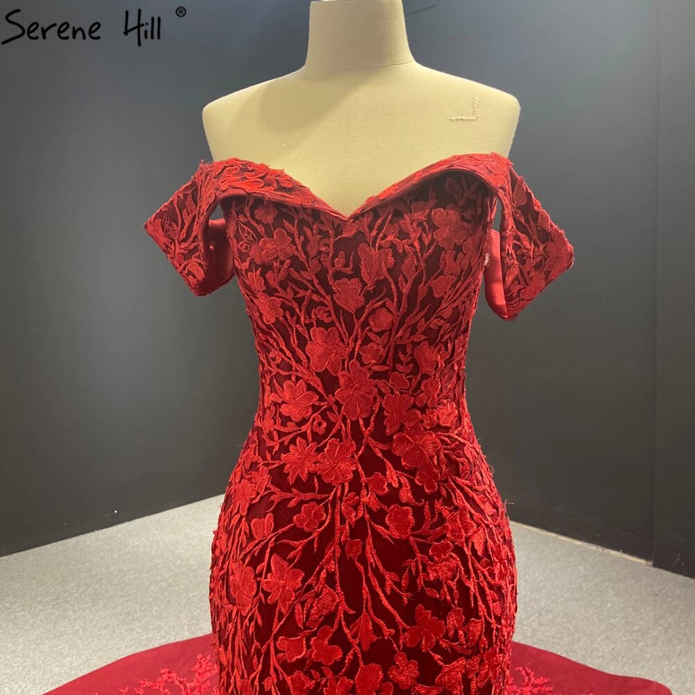 Serene Hill Wine Red Handmade Flowers Mermaid Wedding Dresses 2025 Off Shoulder Elegant Bride Gowns HA2462 Custom Made - SERENE HILL