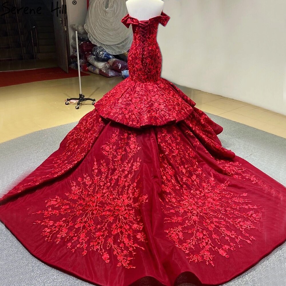 Serene Hill Wine Red Handmade Flowers Mermaid Wedding Dresses 2025 Off Shoulder Elegant Bride Gowns HA2462 Custom Made