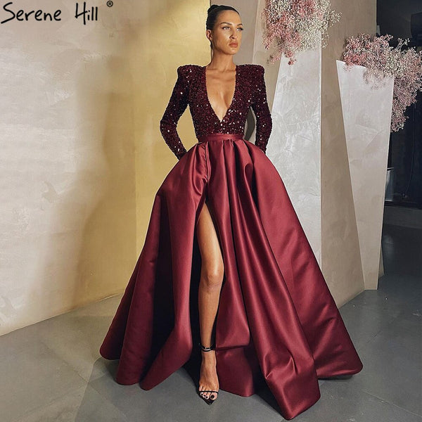 Serene Hill Wine Red High Split Evening Dresses Gowns 2025 Luxury Sparkle Mikaduo For Woman Party LA71062
