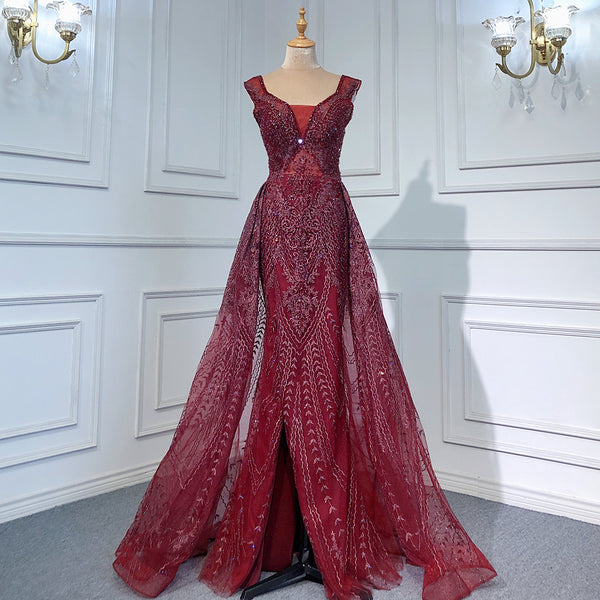 Serene Hill Wine Red Luxury Evening Dresses Gowns 2025 Beaded Mermaid Elegant Overskirt For Women Party LA71611