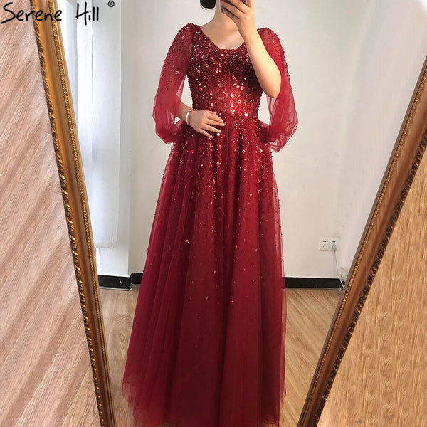 On Sale No Return No Refund  Serene Hill Wine Red Luxury Evening Dresses Gowns 2025 A-Line Beaded Sexy For Women Party Dress LA70855