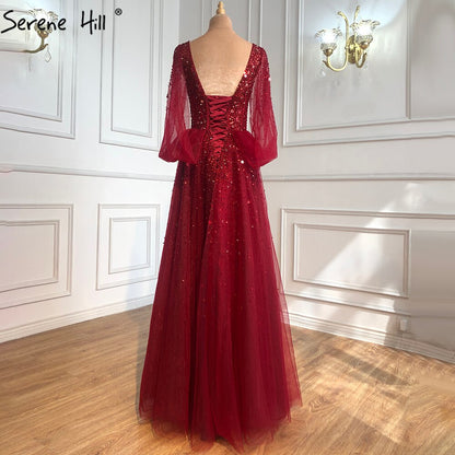 On Sale No Return No Refund Serene Hill Wine Red Luxury Evening Dresses Gowns 2025 A-Line Beaded Sexy For Women Party Dress LA70855 - SERENE HILL