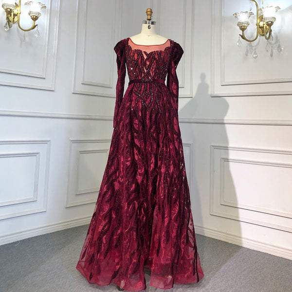 Serene Hill Wine Red Mermaid Elegant Evening Velvet Muslim Dresses Long Sleeves 2025 Beaded Luxury For Women Party LA71637