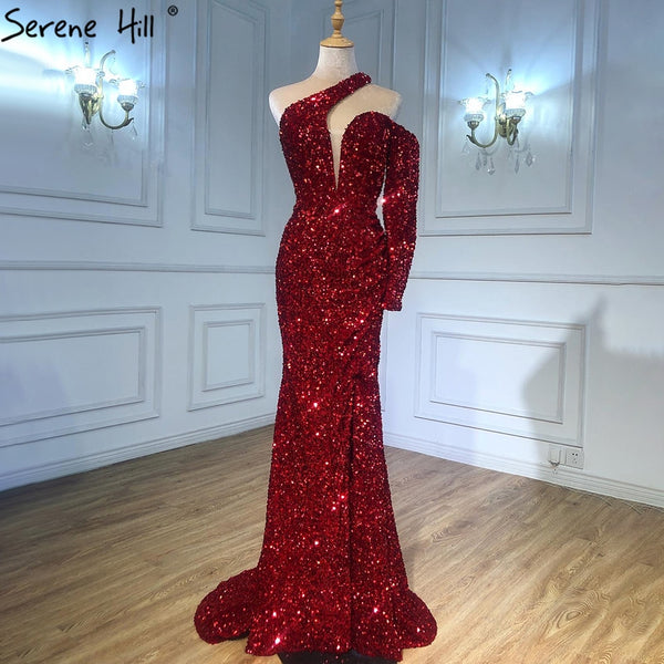 Serene Hill Wine Red Mermaid Sparkle Evening Dresses Gowns 2025 Luxury Elegant One Shoulder For Women Party LA71306