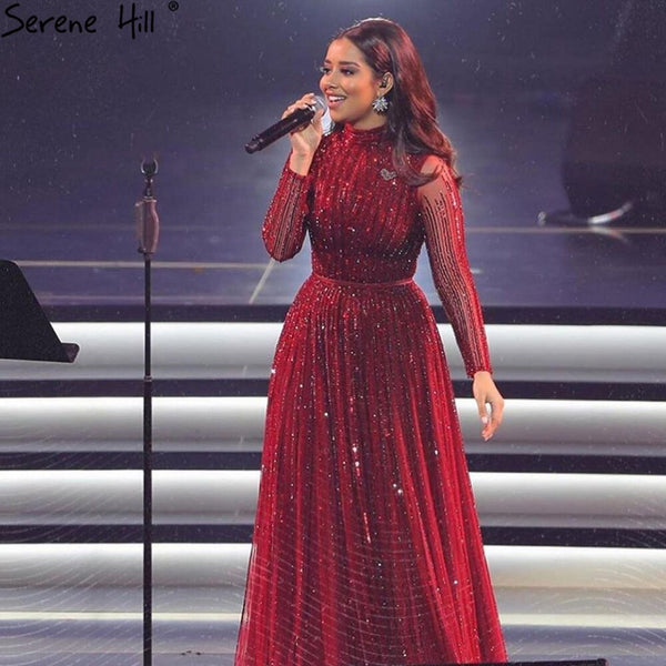 Serene Hill Wine Red Muslim Luxury Evening Dresses Gowns 2025 A-Line Sparkle Beaded For Women Party LA70991