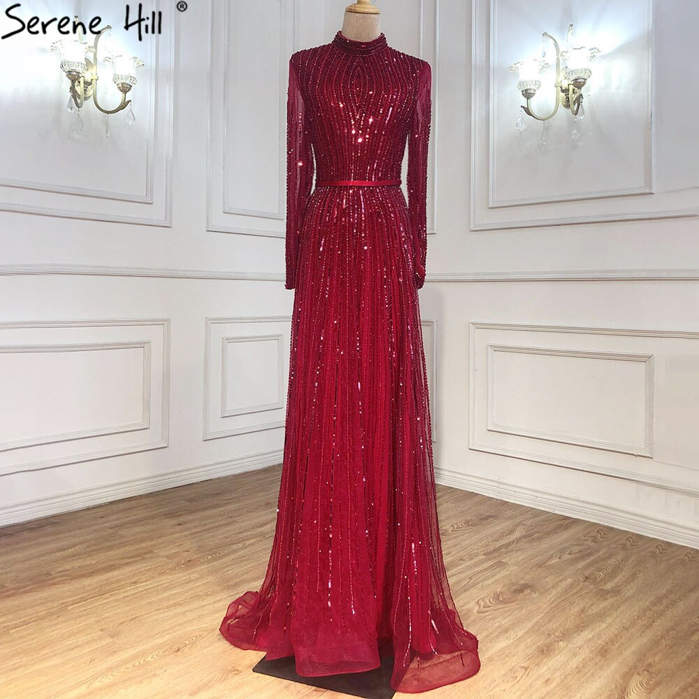 Serene Hill Wine Red Muslim Luxury Evening Dresses Gowns 2025 A-Line Sparkle Beaded For Women Party LA70991 - SERENE HILL