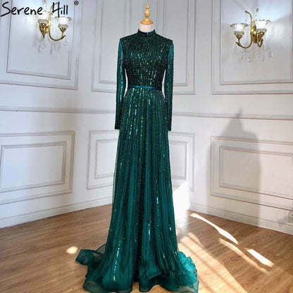 Serene Hill Wine Red Muslim Luxury Evening Dresses Gowns 2025 A-Line Sparkle Beaded For Women Party LA70991 - SERENE HILL