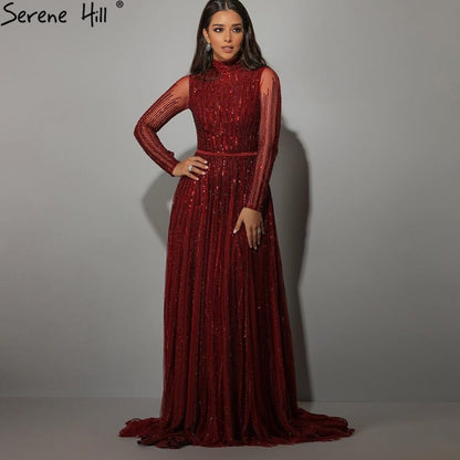 Serene Hill Wine Red Muslim Luxury Evening Dresses Gowns 2025 A-Line Sparkle Beaded For Women Party LA70991 - SERENE HILL