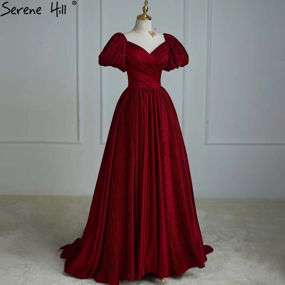 Serene Hill Wine Red Satin Evening Dresses Gowns 2025 A-Line Simple Short Sleeve Sexy For Women Party LA71347 - SERENE HILL
