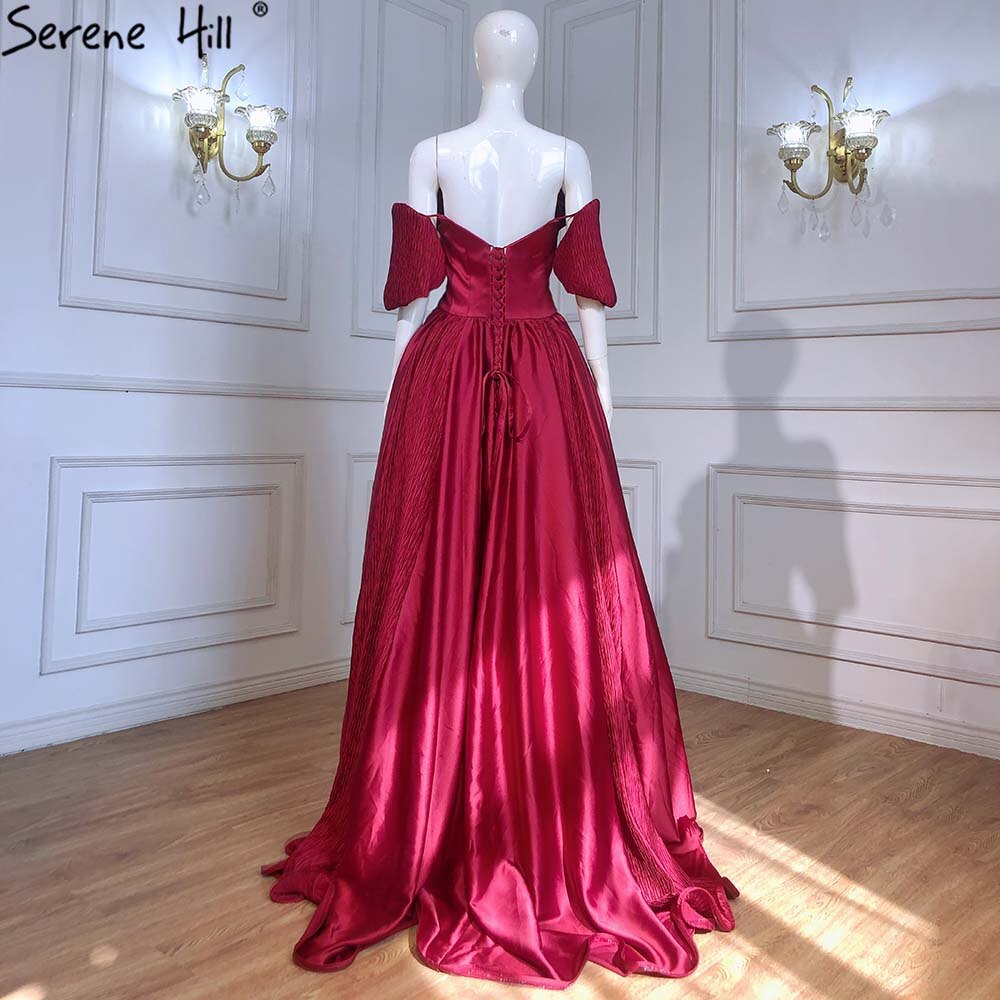 Serene Hill Wine Red Satin Evening Dresses Gowns 2025 A-Line Simple Short Sleeve Sexy For Women Party LA71347 - SERENE HILL