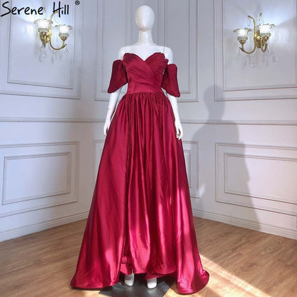 Serene Hill Wine Red Satin Evening Dresses Gowns 2025 A-Line Simple Short Sleeve Sexy For Women Party LA71347 - SERENE HILL